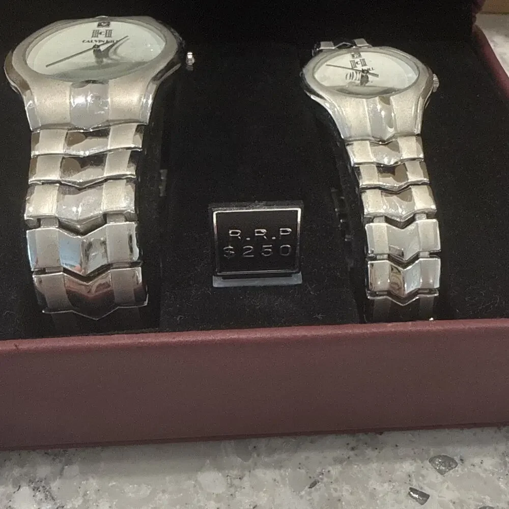 VTG Calvin Hill His Hers Quartz Watch Set Matching Pair Box Papers Silver Tone